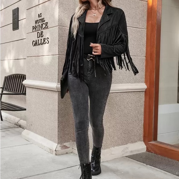 Black Fringe Women's Jacket boho festival blazer - Picture 6 of 7